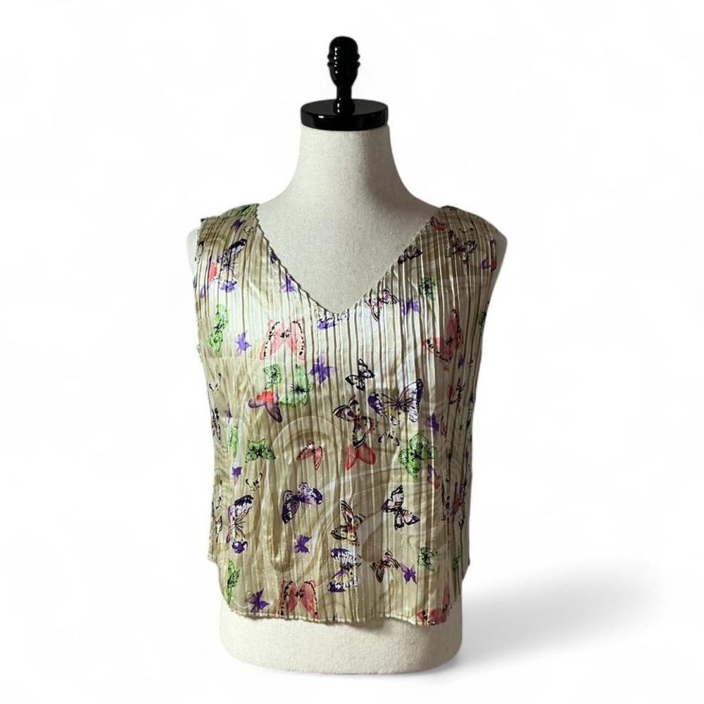 Butterfly Print Sleeveless Top Pleated V Neck Blouse Casual Tank